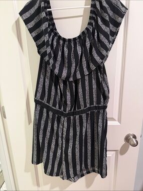 Plus Black and Gray Striped Ruffle-Neck Casual off the shoulder romper
